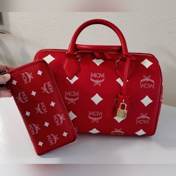 MCM Limited Edition Red And White Visetos Satchel With The Matching Wallet - Picture 2 of 16